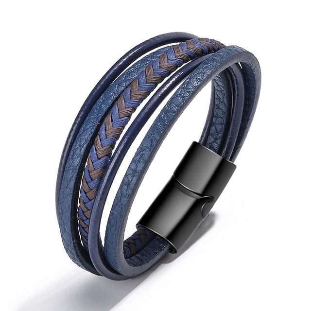 Blue-Black Leather Multilayer Bracelet with Black Clasp
