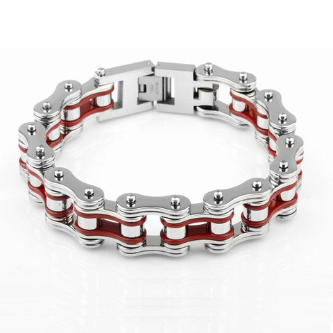 Silver/Red Motorcycle Chain and Link Bracelet