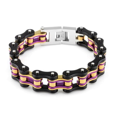 Black/Purple/Gold Motorcycle Chain and Link Bracelet
