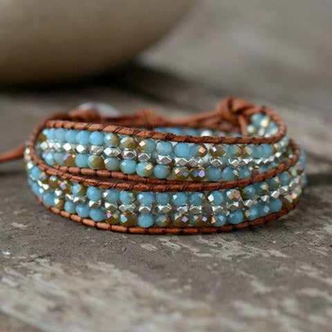 CRYSTAL RHINESTONE LAYERED LEATHER WRAP BRACELET