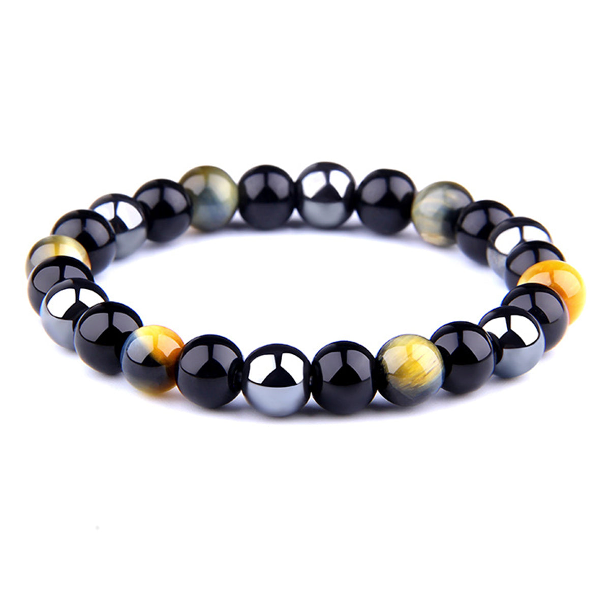 THREE-STONE BRACELET WITH AMBER GOLD TIGER EYE, HEMATITE AND BLACK ONYX