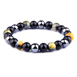THREE-STONE BRACELET WITH AMBER GOLD TIGER EYE, HEMATITE AND BLACK ONYX