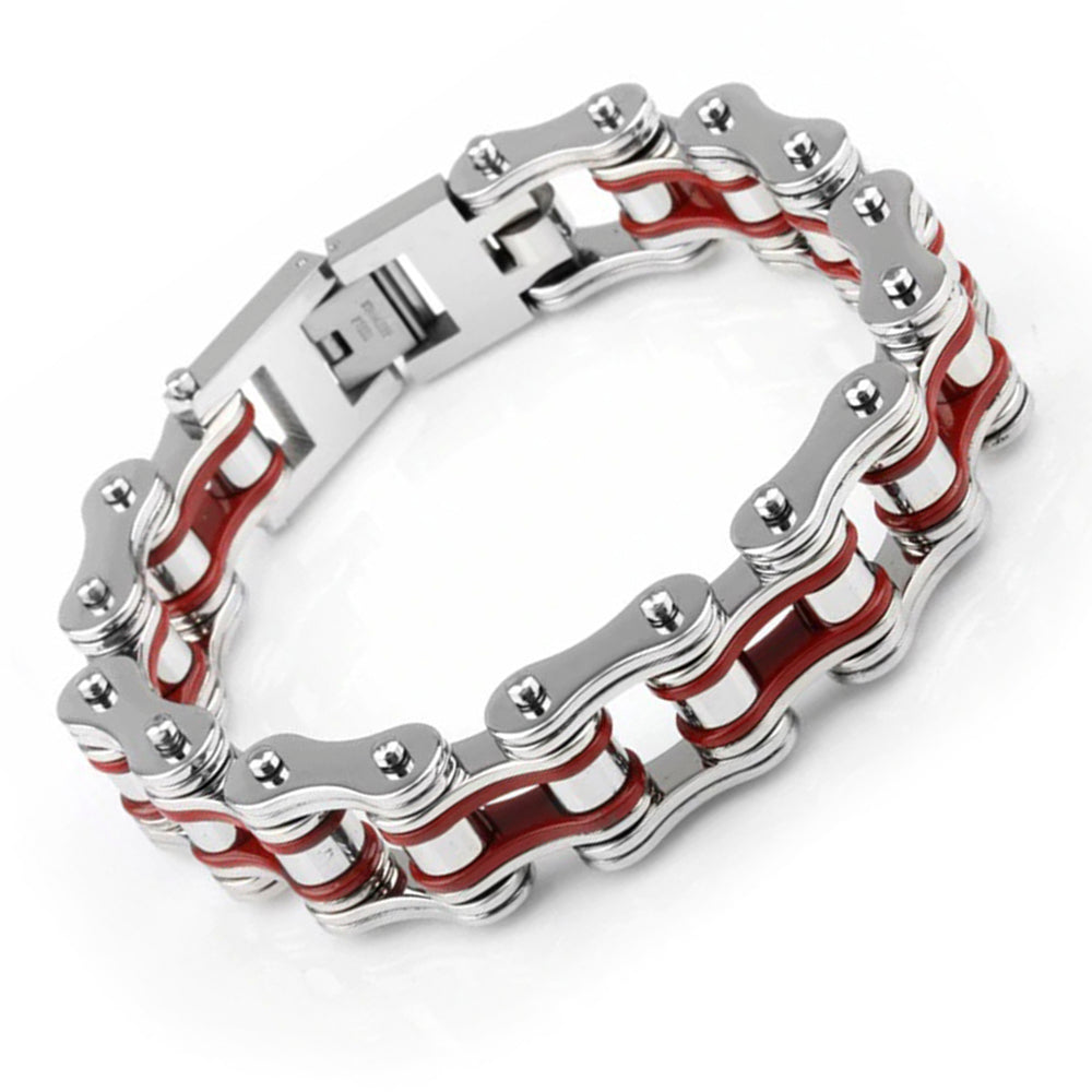 Silver/Red Motorcycle Chain and Link Bracelet