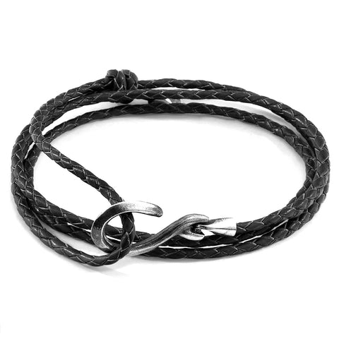 Coal Black Heysham Silver and Braided Leather Bracelet
