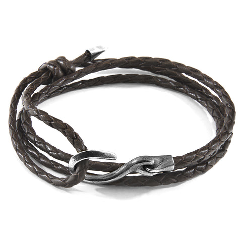 Dark Brown Heysham Silver and Braided Leather Bracelet