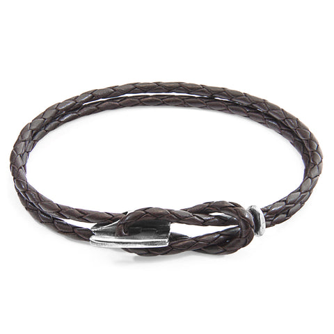 Dark Brown Padstow Silver and Braided Leather Bracelet