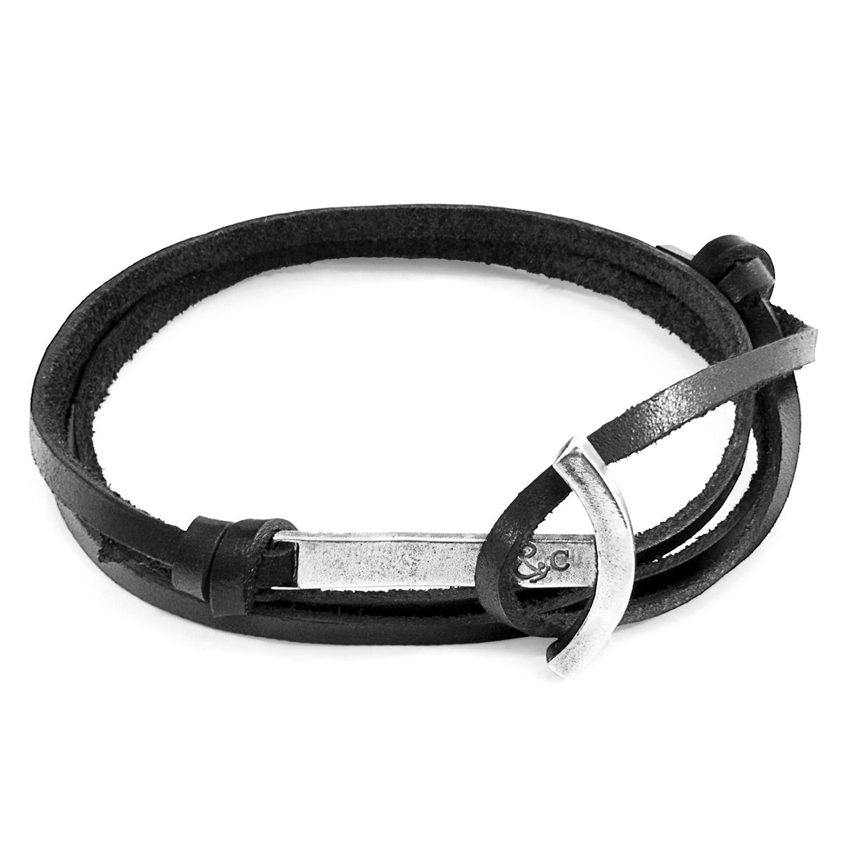 Coal Black Clipper Silver and Flat Leather Bracelet