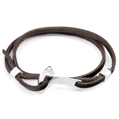 Dark Brown Flyak Anchor Silver and Flat Leather Bracelet