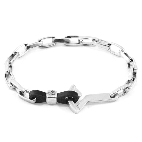 Coal Black Frigate Anchor Silver and Flat Leather Bracelet
