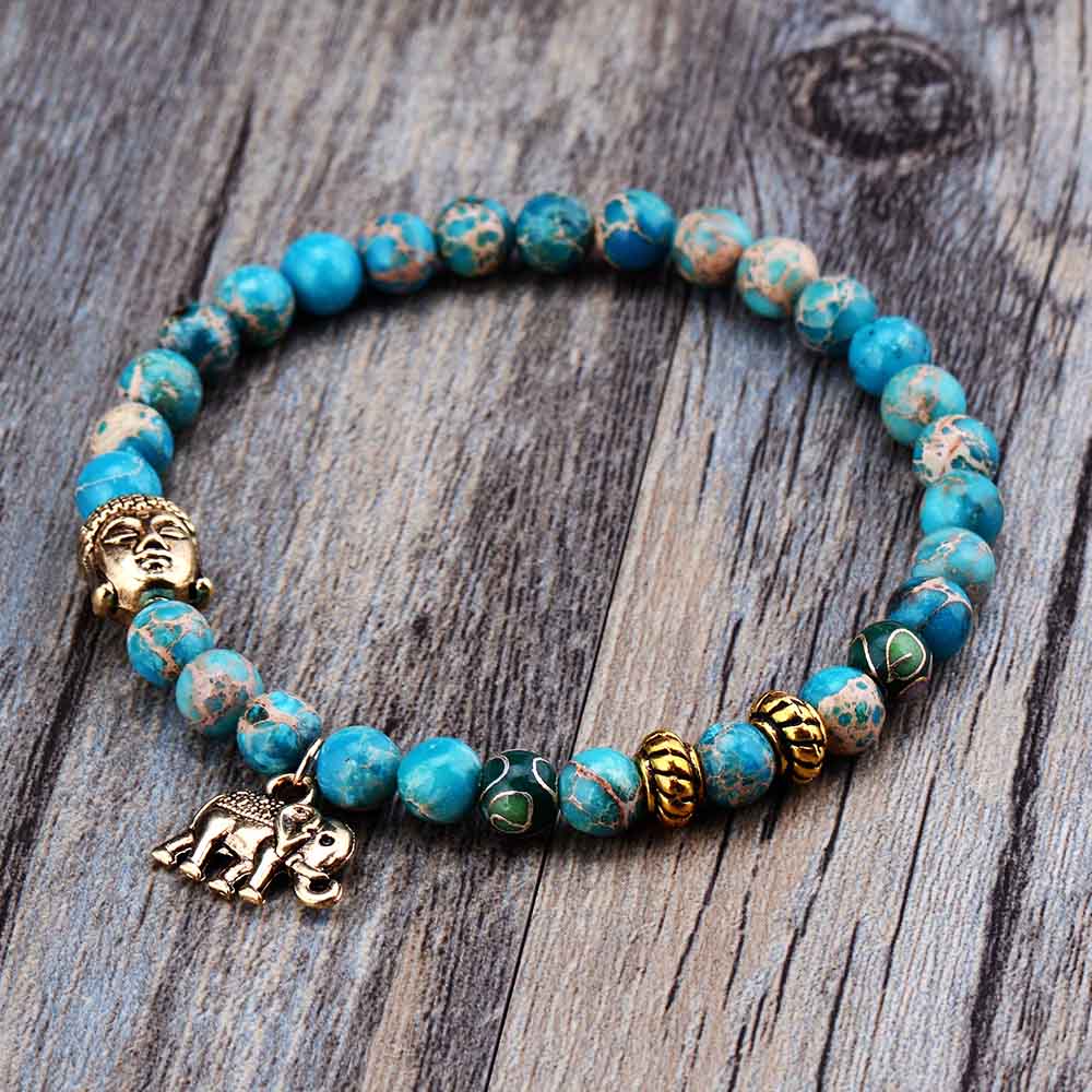 NATURAL STONE BUDDHA AND ELEPHANT BEAD BRACELET