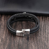 Multilayered Black Leather Wristband with Anchor