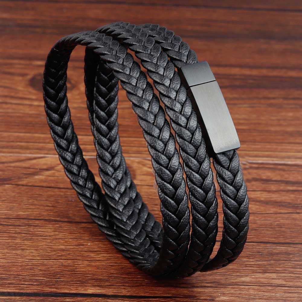 Retro Braided Black Leather Wristband