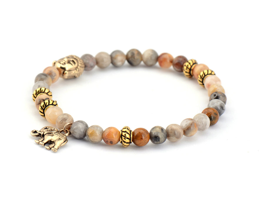 NATURAL STONE BUDDHA AND ELEPHANT BEAD BRACELET