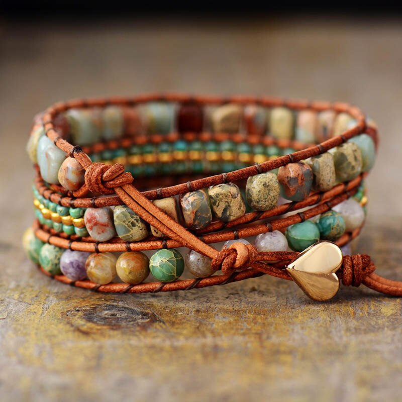 MULTI STRAND JASPER AND LEATHER WRAP BRACELET