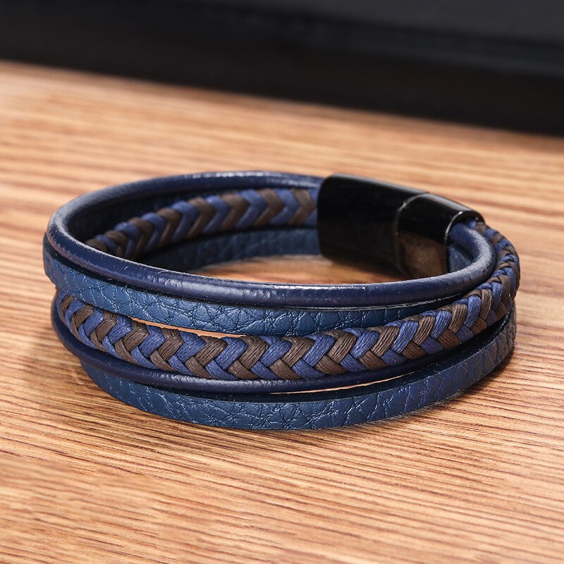 Blue-Black Leather Multilayer Bracelet with Black Clasp