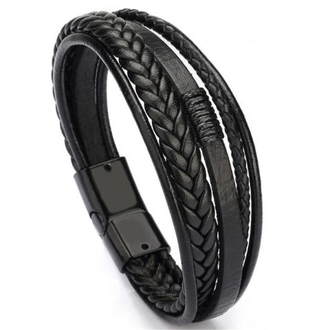 Black Leather Multilayer Bracelet with Black Clasp