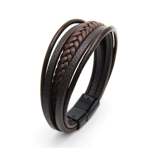 Brown Leather Multilayer Bracelet with Black Clasp