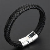 Black Leather Braided Rope Bracelet with Silver Clasp