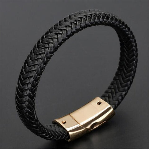 Black Leather Braided Rope Bracelet with Gold Clasp