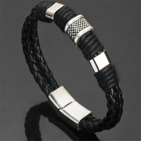 Black Leather and Steel Bracelet with Silver Clasp