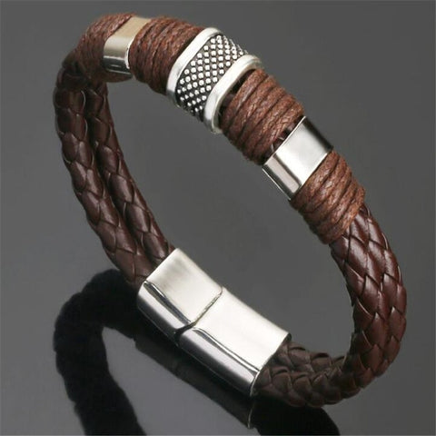 Brown Leather and Steel Bracelet with Silver Clasp