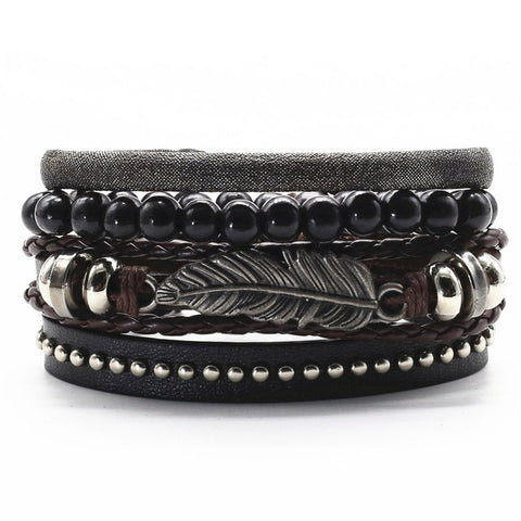 BLACK FEATHER Multilayer Vintage Leather Wrap Bracelet