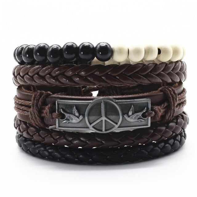 PEACE Multilayer Vintage Leather Wrap Bracelet