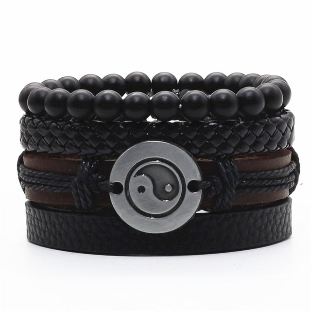 YIN YANG BLACK Multilayer Vintage Leather Wrap Bracelet