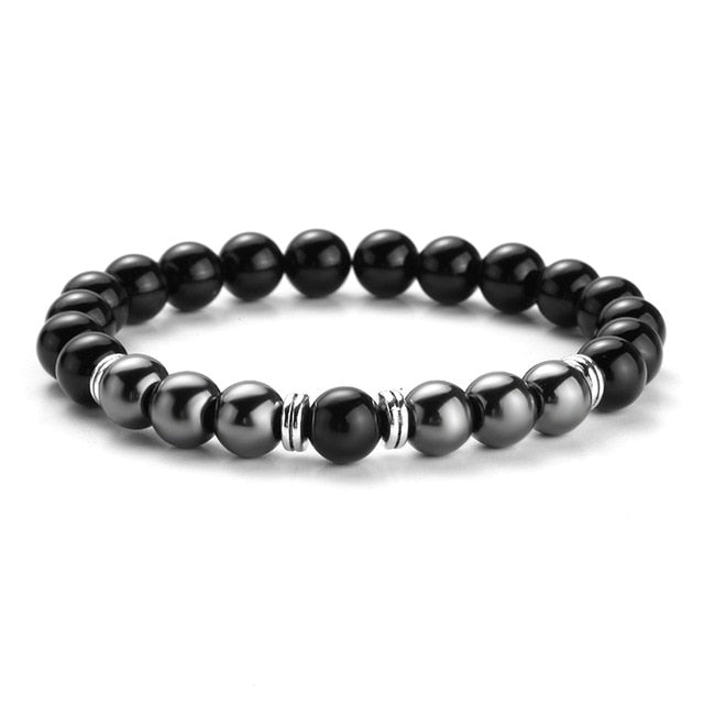 TWO-STONE BRACELET WITH POLISHED BLACK AGATE AND HEMATITE