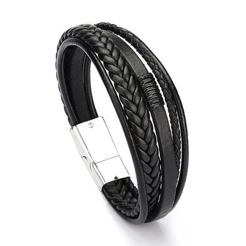 Black Leather Multilayer Bracelet with Silver Clasp